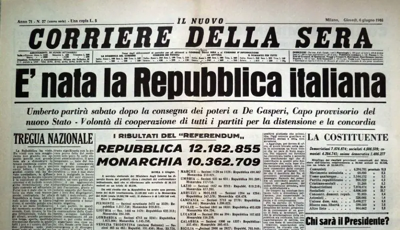 Pagina del corriere della sera di quando nasce la repubblica Italiana