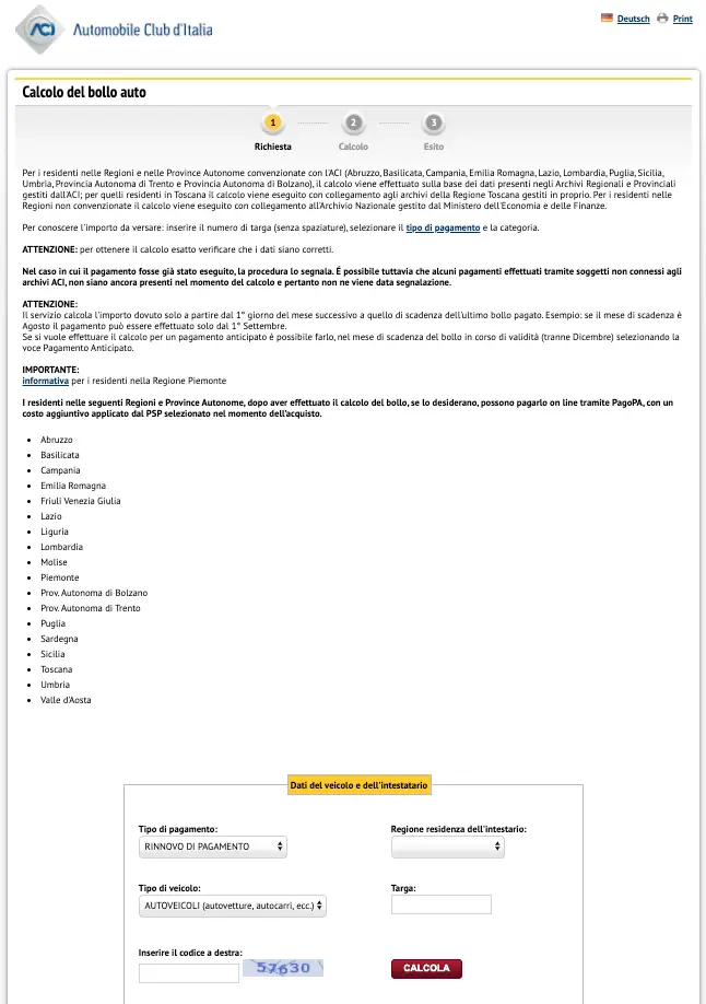 Schermata verifica bollo auto Sito ACI