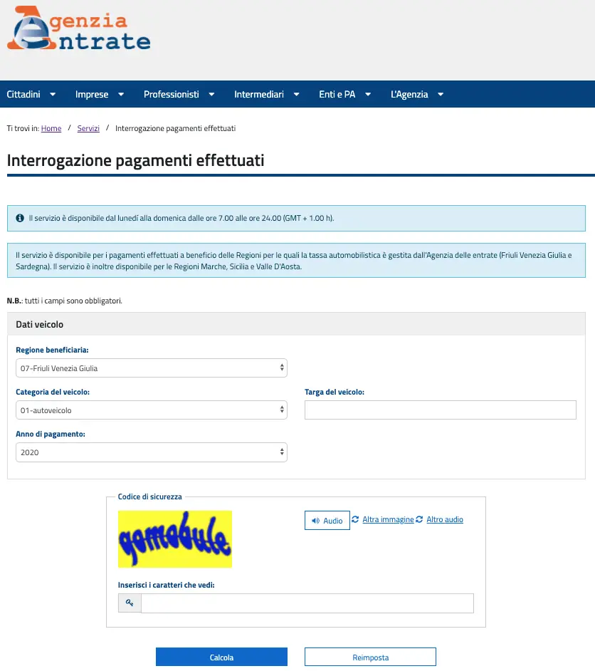 Schermata verifica bollo auto Agenzia delle Entrate